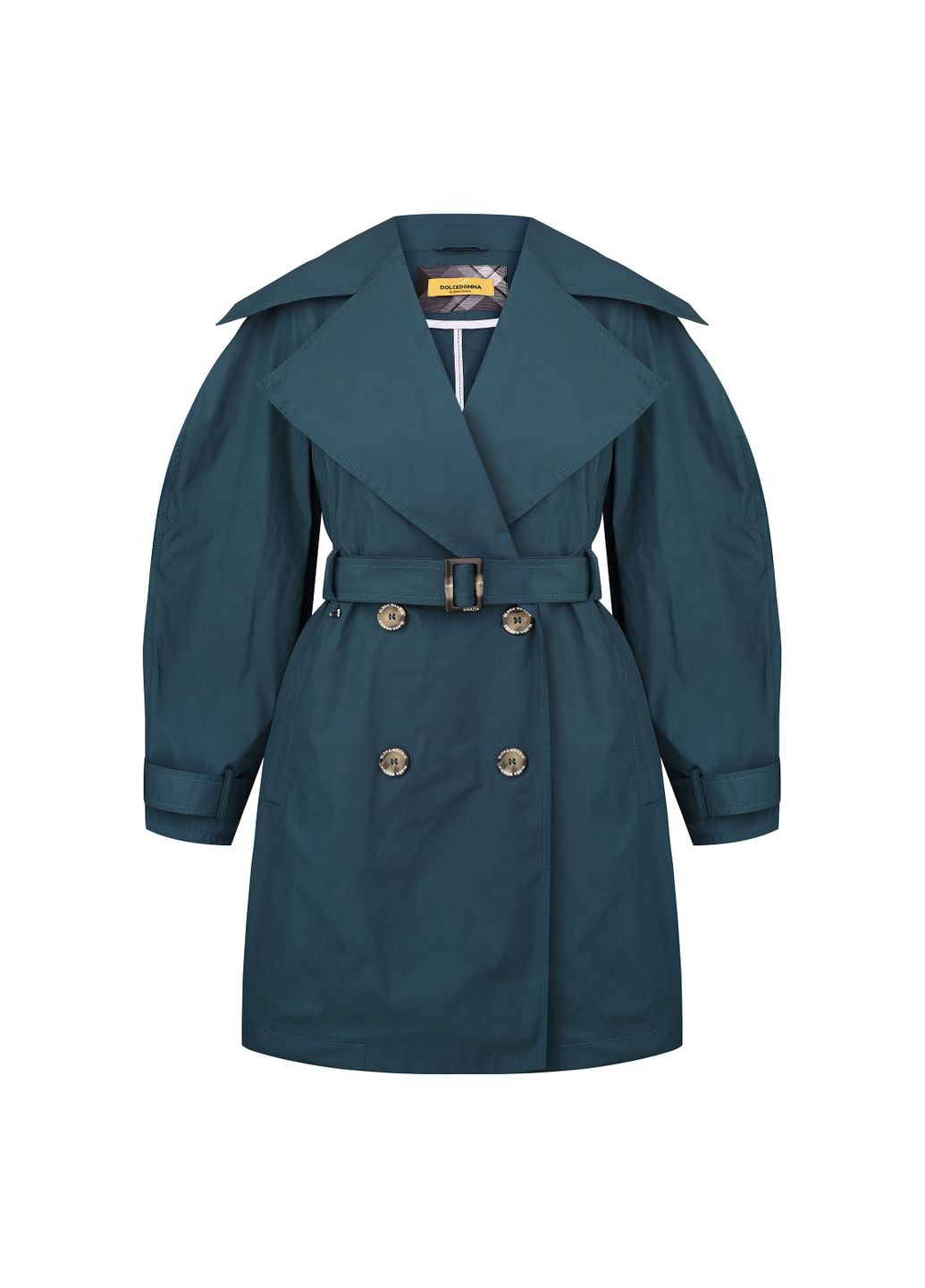 Хлопчатобумажный укороченный тренч бирюзового цвета с фактурным ручком носа Dolcedonna (340334770)