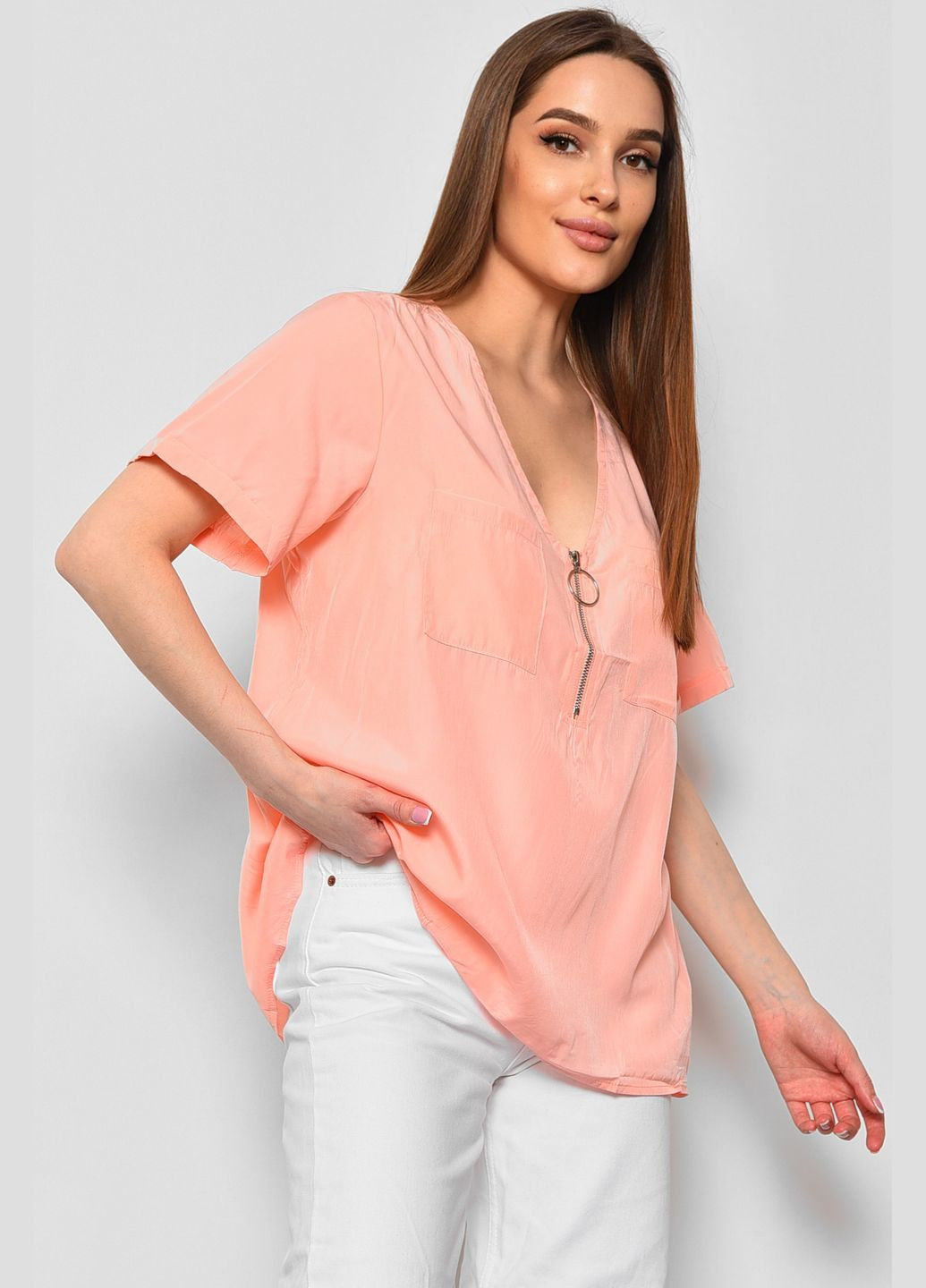Персиковая демисезонная блуза женская с коротким рукавом персикового цвета с баской Let's Shop