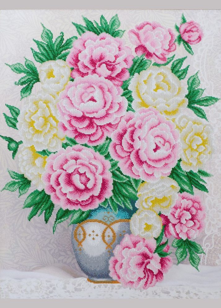 Набір для вишивки бісером "Чудовий букет півоній" ваза, квіти, вінтажний, часткова викладка, Чехія, 50х65 см ВДВ (294613875)