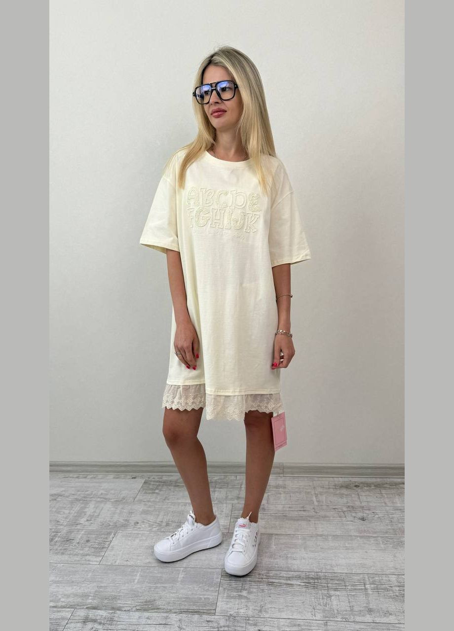 Жовтий повсякденний жіноча сукня вільного крою з мереживом Avanti з написами