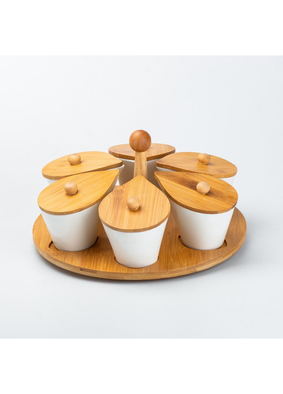Набор керамических баночек для сыпучих продуктов 6 штук по 100 мл на бамбуковой подставке TS Kitchen (360455403)