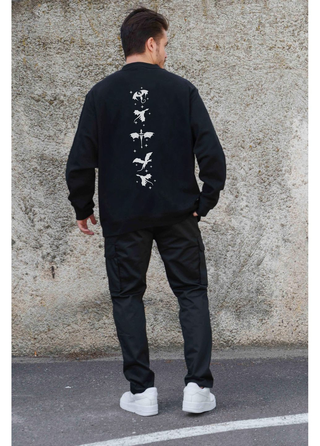 Чорний чоловічий утеплений оверсайз світшот на флісі з принтом четверте крило Without однотонний без декору (361057470)