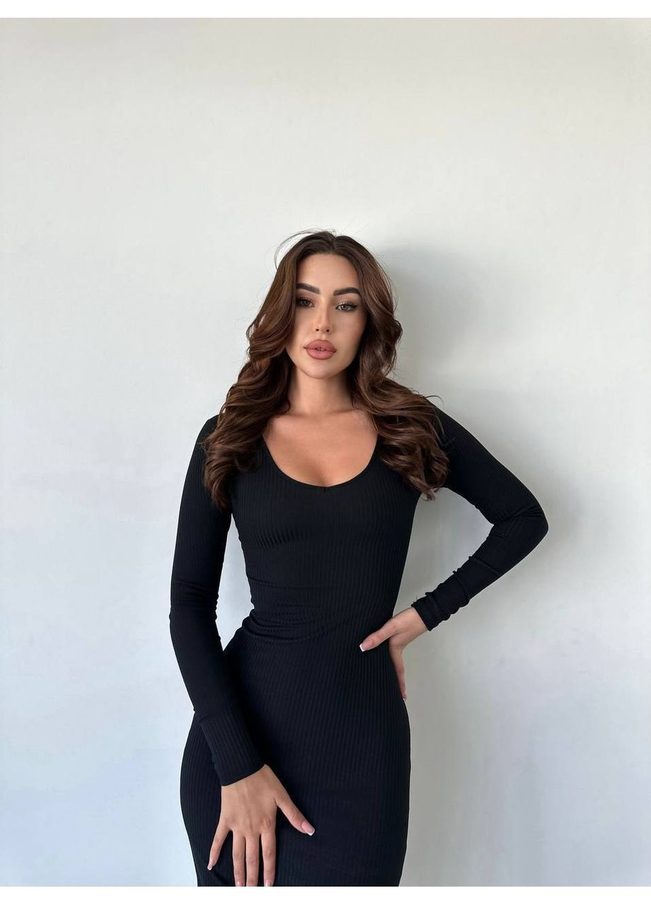 Черное платье 0226 рубчик с рукавами Україна