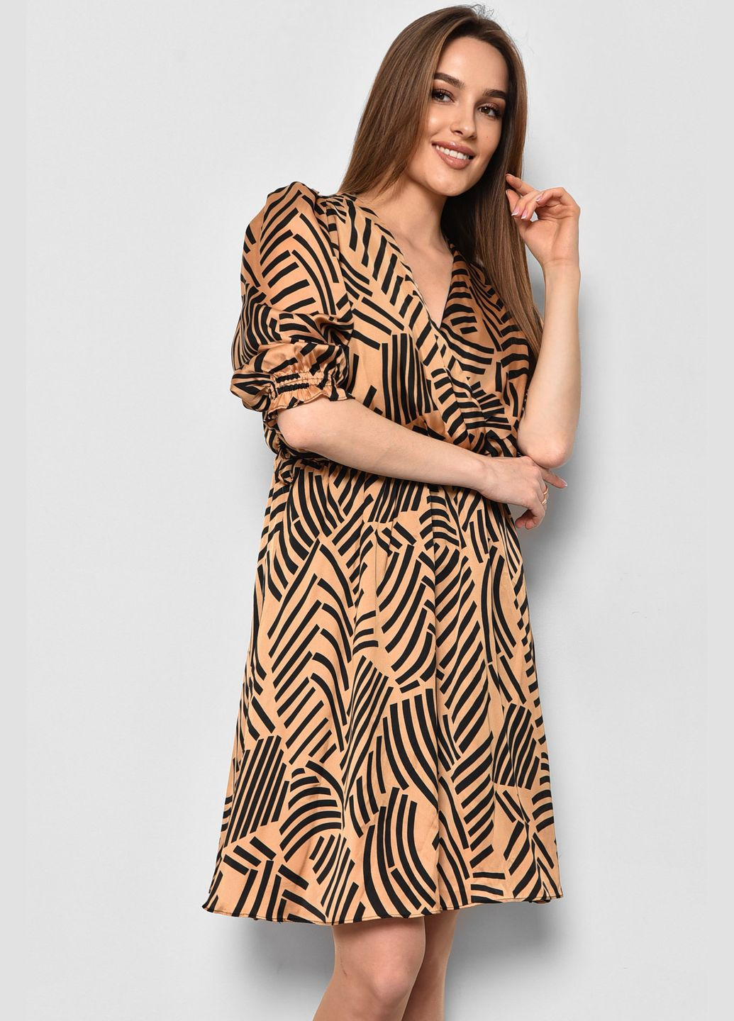 Коричневое кэжуал платье женское шифоновое коричневого цвета с принтом баллон Let's Shop с рисунком