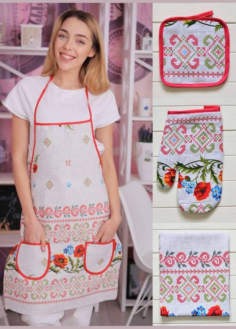 Кухонний набір фартух рукавичка прихватка біла (П-fartuh0001-51) No Brand (356515851)