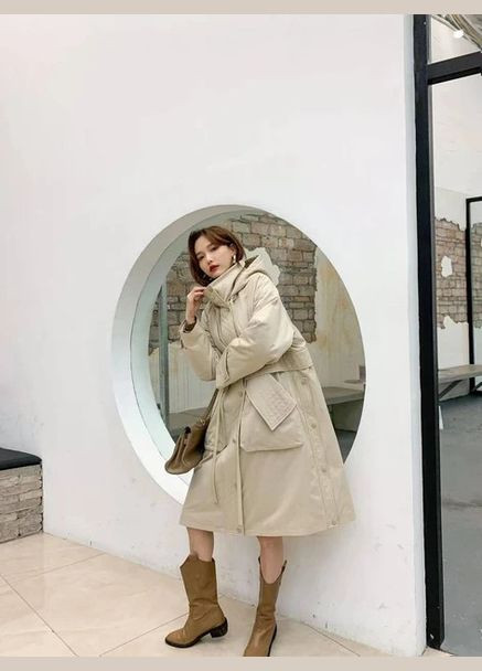 Оливковая (хаки) зимняя женская парка с капюшоном и накладными карманами хаки mklt66627-2 Liture