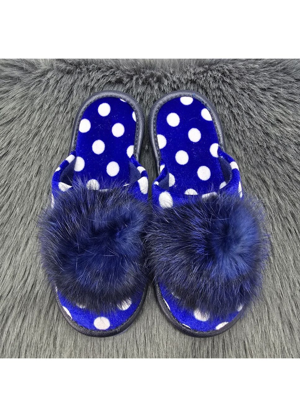 Тапочки дитячі для дівчинки сині в горох із закритим носком та помпоном Белста (366144554)
