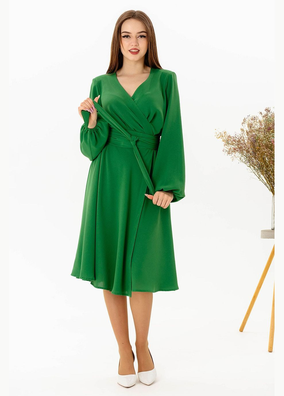 Зелена кежуал сукня рукав фонарик жіноча 202 американський креп зелена Актуаль