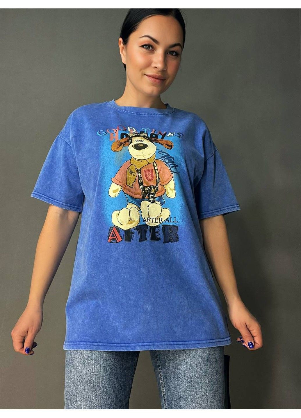 Футболка женская YIGOU 74 тай дай оверсайз с принтом собака No Brand - (329655376)