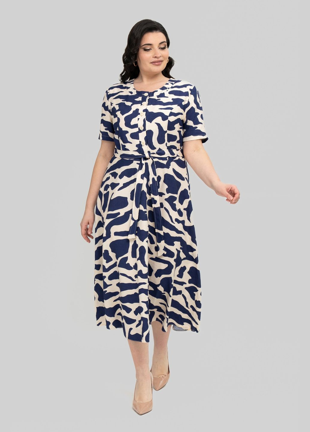 Синее повседневный платье полуприлегающего силуэта из льна бохо клешенная юбка вниз all posa (ap101993p) A'll Posa