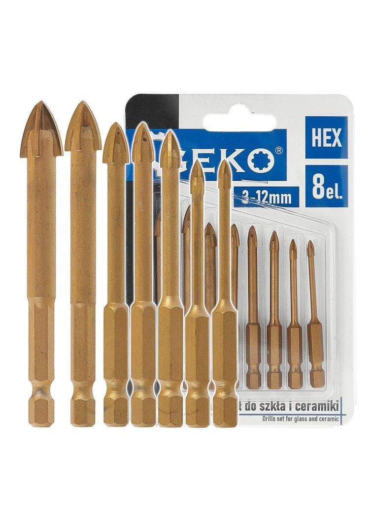 Свердла скла та кераміки " " з хвостовиком для шуруповерта Hex E6,3 (1/4") комплект 8 шт. 3 - 12 мм Geko (365751111)