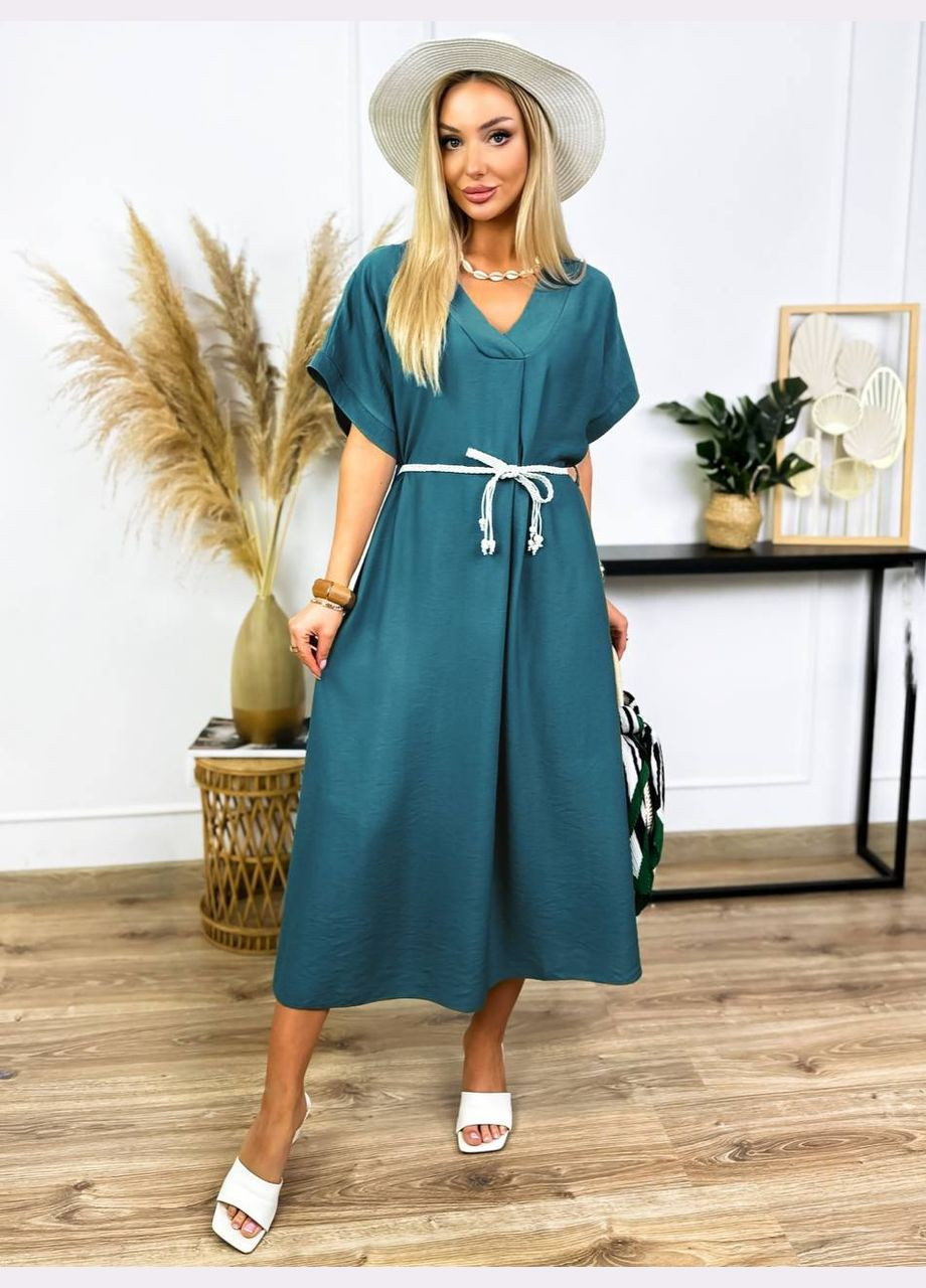 Морской волны лёгкое платье миди креп жатка No Brand