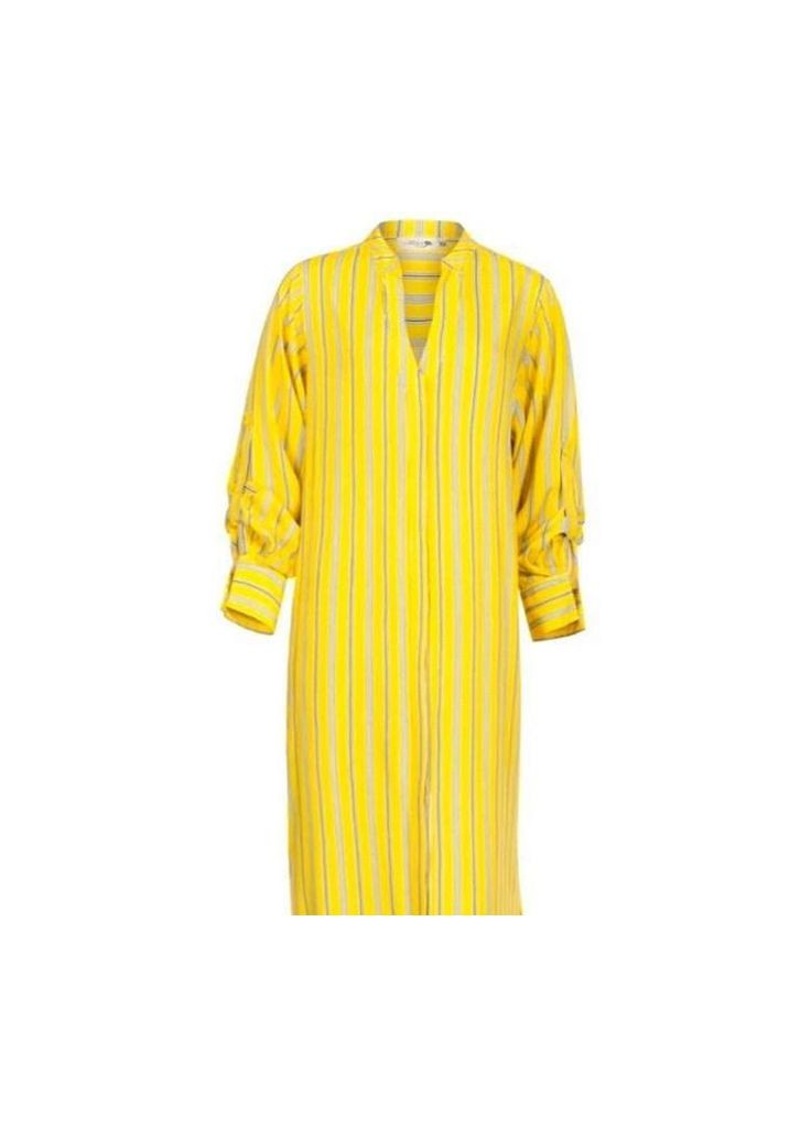Желтое платье длинное на пуговицах с длинными рукавами с воротником стойка из легкой вискозы желтый в голубую полоску воля Garna