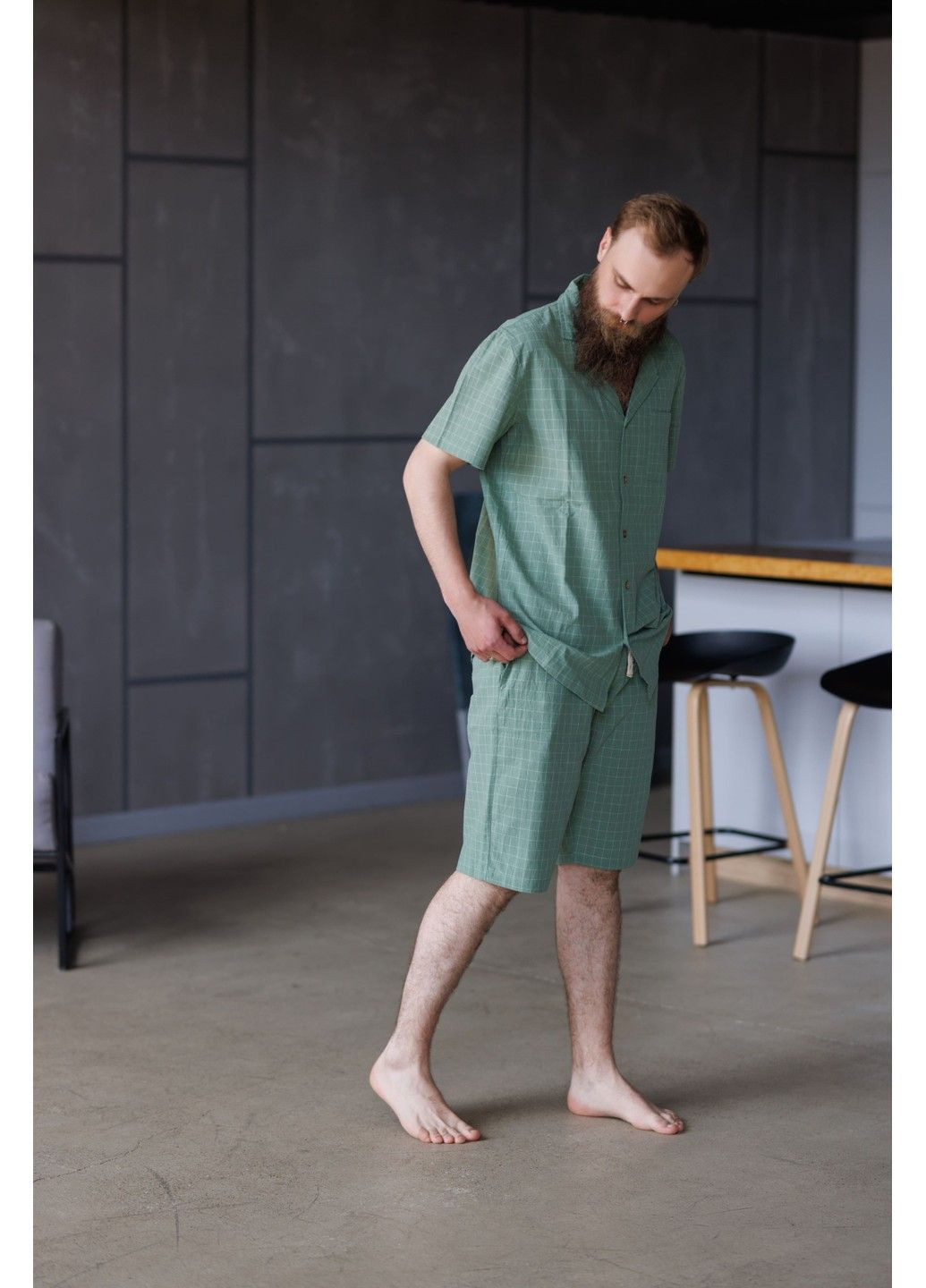Пижама мужская в клетку вареный хлопок HOMELY SHORT с шортами зеленая Handy Wear (337715536)