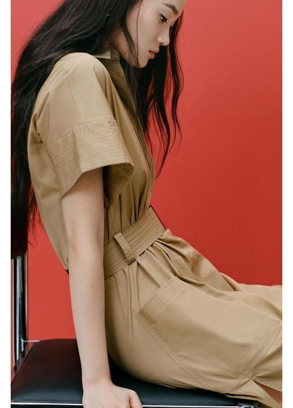 Бежевое короткое платье-рубашка с ремнём Zara