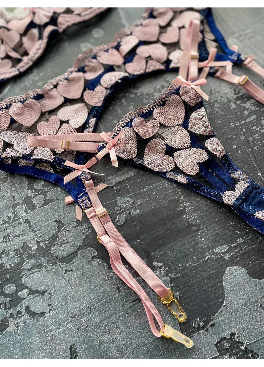 Комбинированный демисезонный комплект женского белья с сердечками / кружечный комплект с подвязками розово-черный / романтичное белье с вышивкой 💖 No Brand