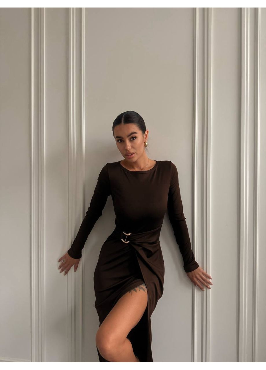 Коричнева вечірня жіноча сукня з бляшкою з мікро дайвінгу — замір в описі DK/DL Мода без кордонів однотонна