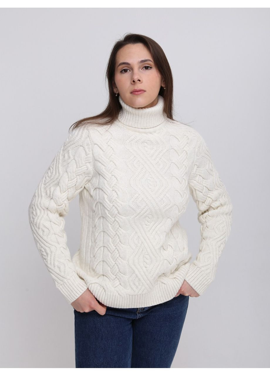 Молочний зимовий светр жіночий молочний теплий з горлом та косами Pulltonic Пряма