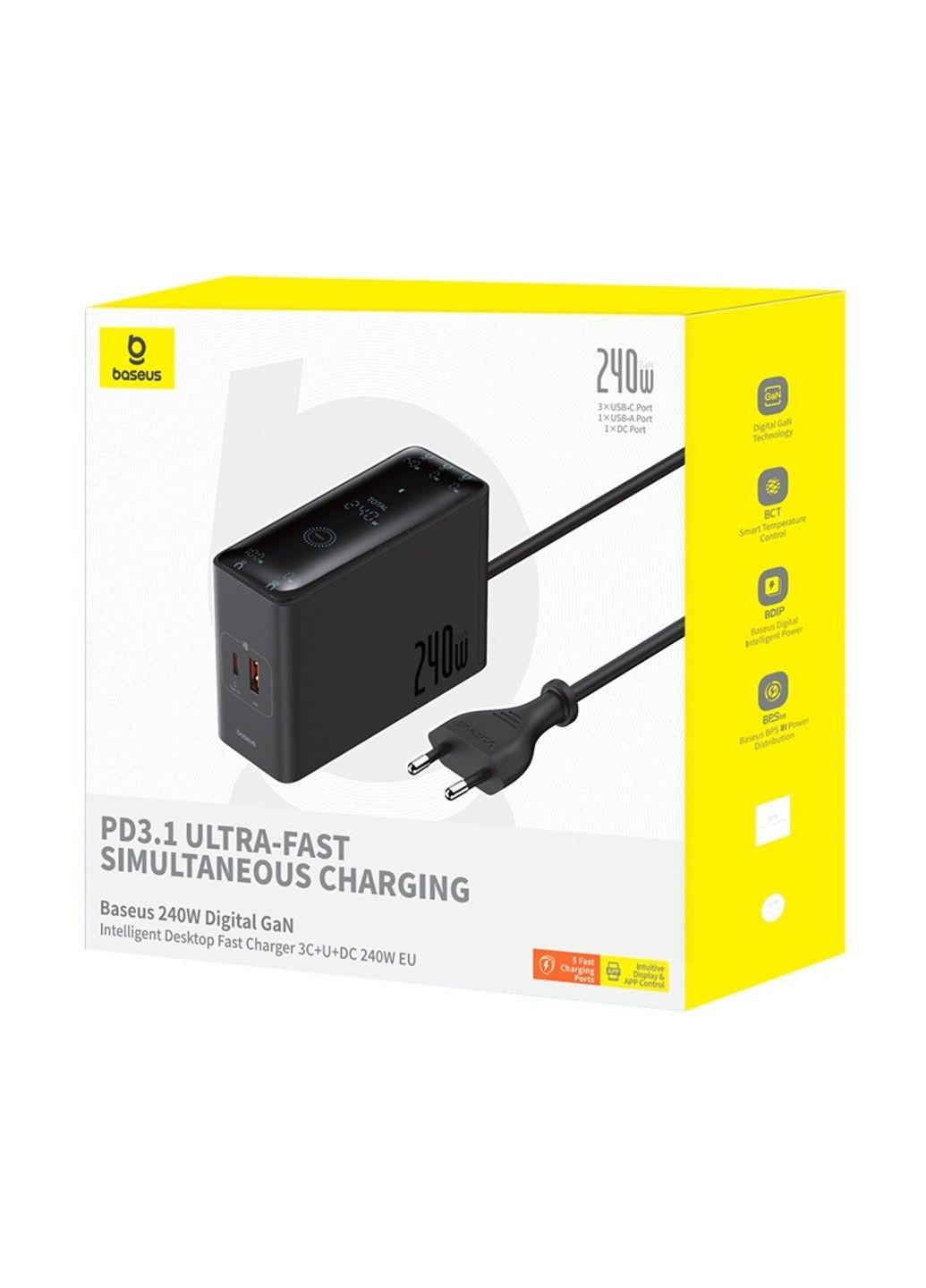 Сетевое зарядное устройство с кабелем Digital GaN Intelligent Desktop Fast Charger 3C+U+DC 240W EU Cluster Black Baseus (371363082)