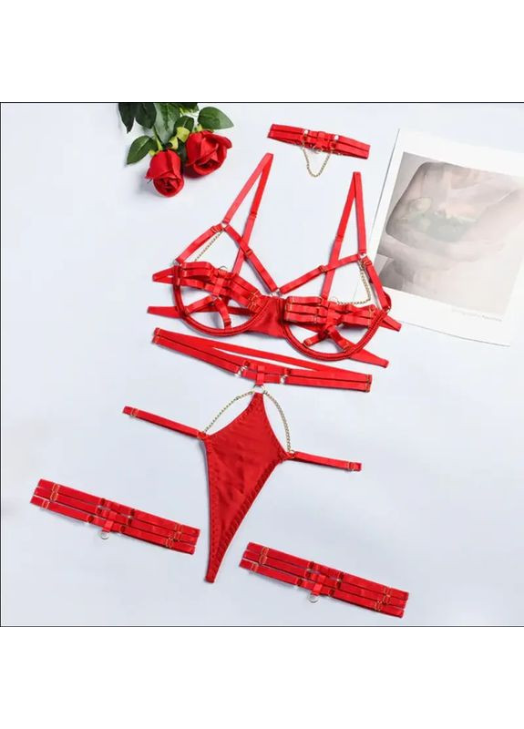 Червоний демісезонний спідня білизна. спокуслива спідня білизна, чорний комплект - бюстгальтер, трусики стрінги, пояс No Brand