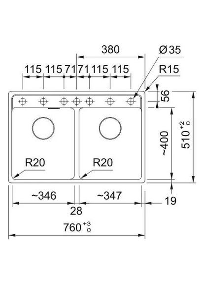Мойка кухонная Maris, фрагранит, прямоугольник, без крыльев, 760х510х200мм, чаша - 2, врезная, MRG 620 TL, серый камень FRANKE (360403987)