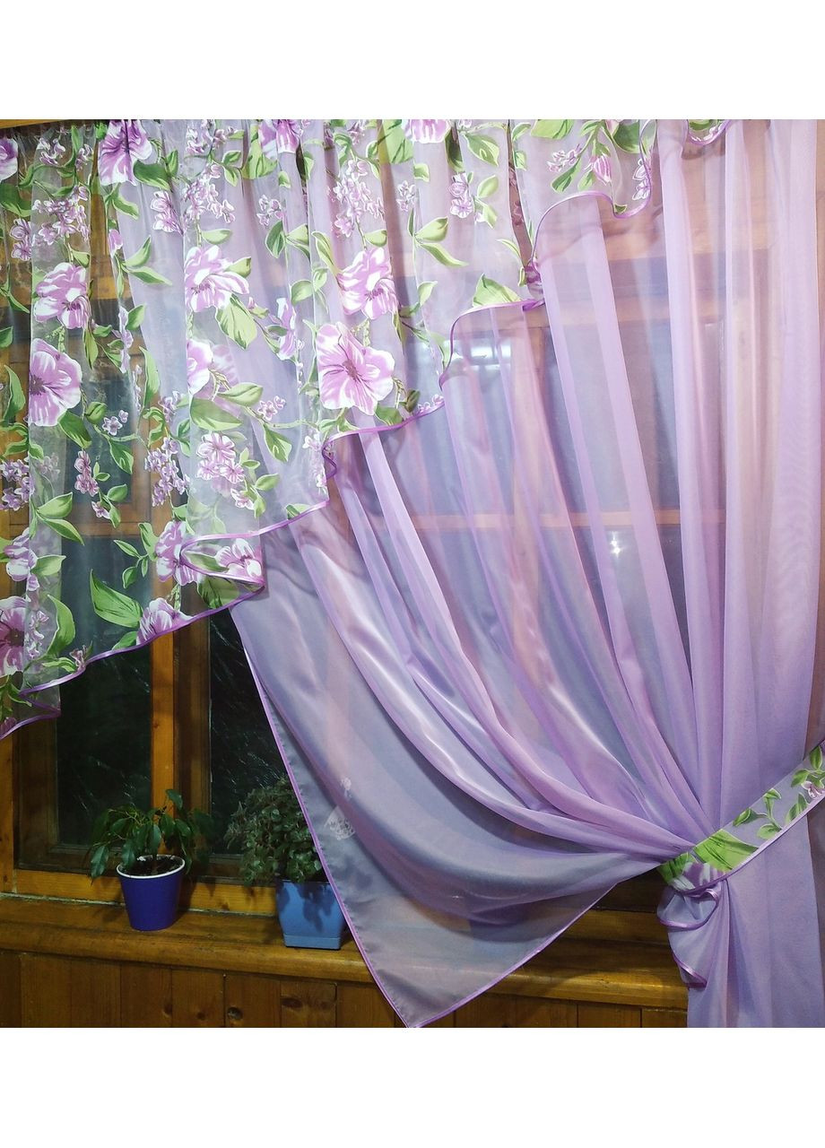 Занавеска кухонная готовая короткая Анжелика сирень яблочный цвет правая No Brand (372134040)