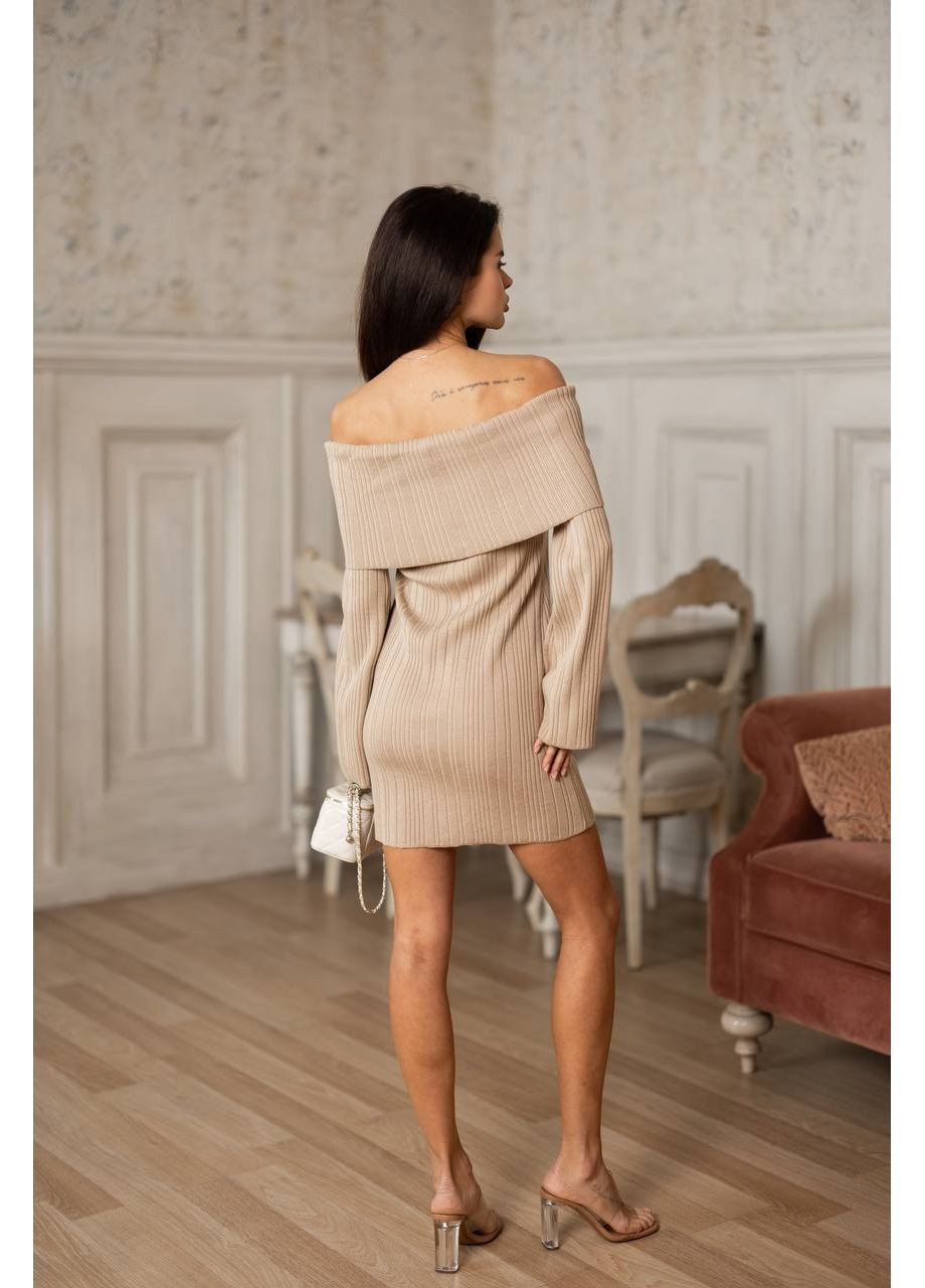 Бежева повсякденний жіноча в'язана сукня з відкритими плечима з відкритими плечима KaraMix однотонна
