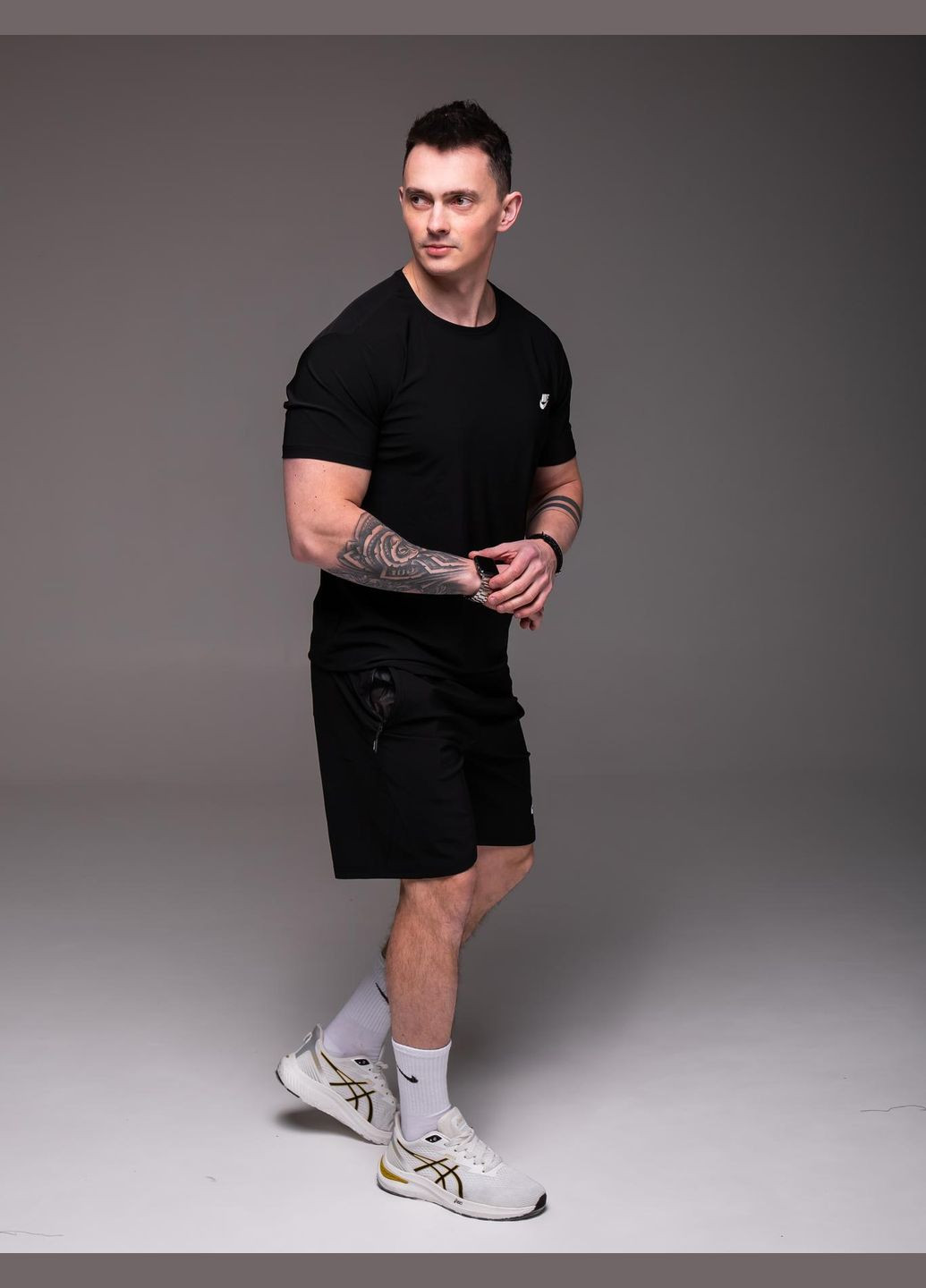 Черный летний костюм мужской шорты + футболка батал No Brand