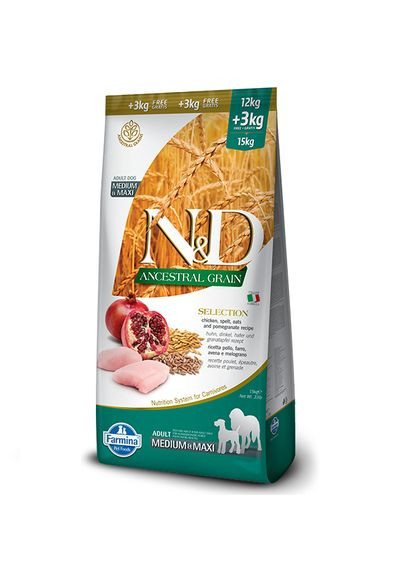 Низкозерновой сухой корм ND, для собак средних и больших пород, курица с гранатом, 15 кг Farmina (335879083)