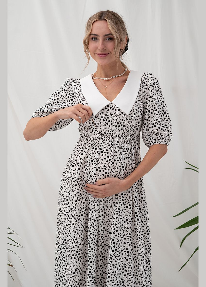 Молочна сукня для вагітних і годуючих з комірцем молочна з чорними квітками Юла мама