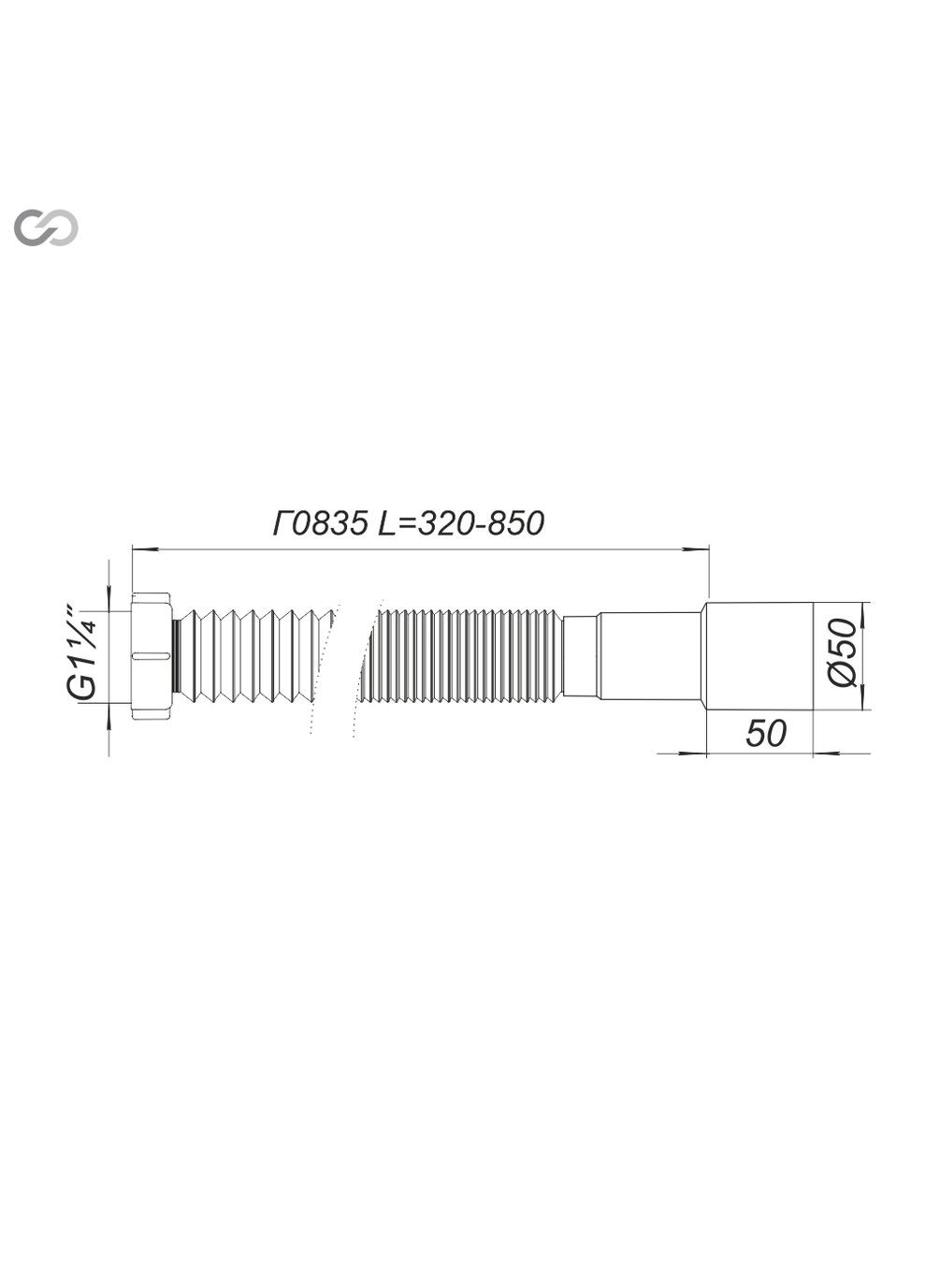Гнучкий складний відвід Г0835 з пластиковою гайкою G1¼ʺ, довжина 320–850 мм, для каналізації 50 мм SoloPlast (340286016)
