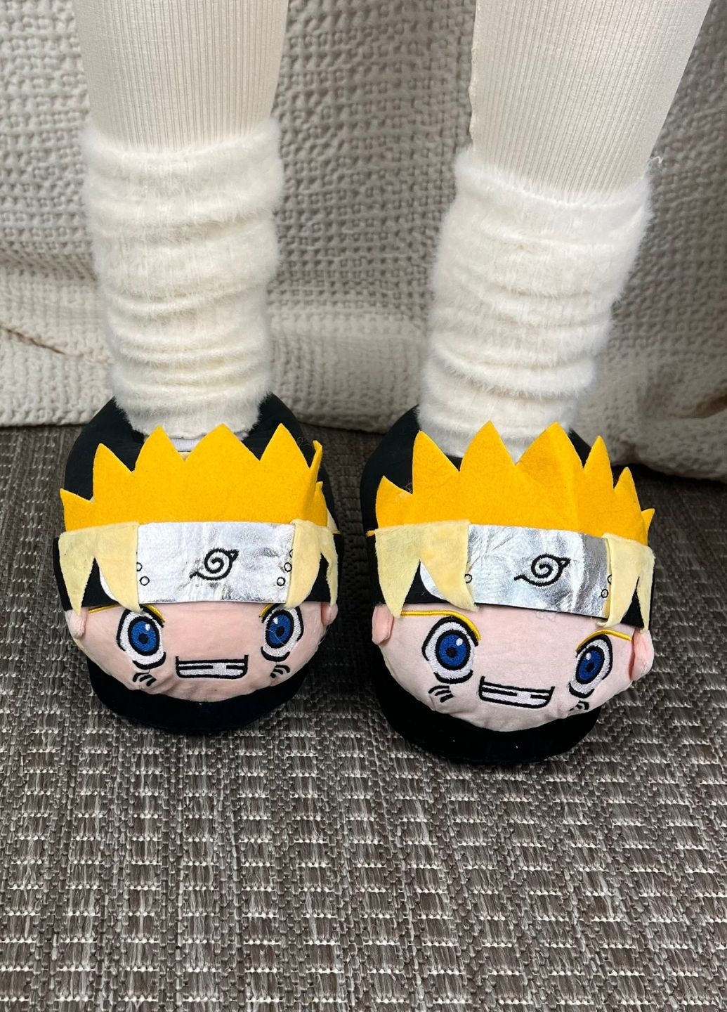 Черные женские домашние тапочки наруто плюшевые аниме с нескользящей подошвой My Kigu с вышивкой