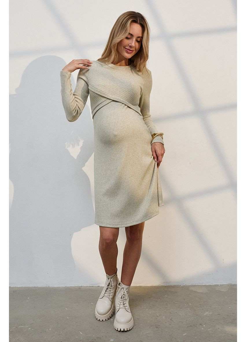 Серо-зеленое платье для беременных и кормящих из плотного трикотажа цвет шалфей Юла мама