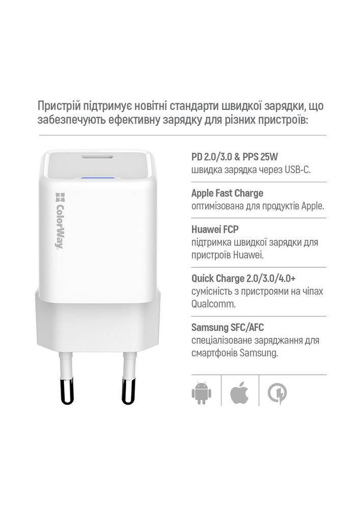 Мережевий зарядний пристрій GaN Mini 25W PD Port PPS USB-C White (CW-CHS052PDC-WT) + кабель USB Type-C Colorway (336959596)