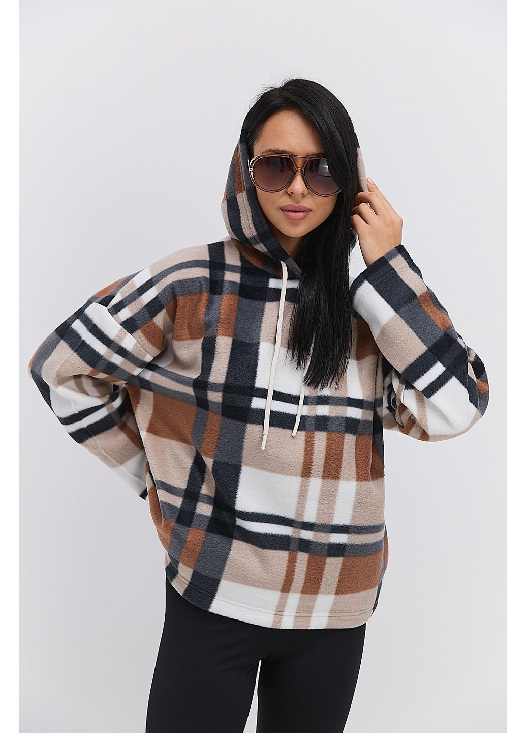 Коричневий жіночий флісовий світшот з капюшоном коричневий в клітинку Arjen (370601793)