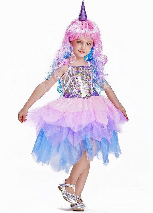 Костюм Единорога, карнавальное платье для девочек с цветным париком для праздников, вечеринок, спектаклей No Brand (353746157)
