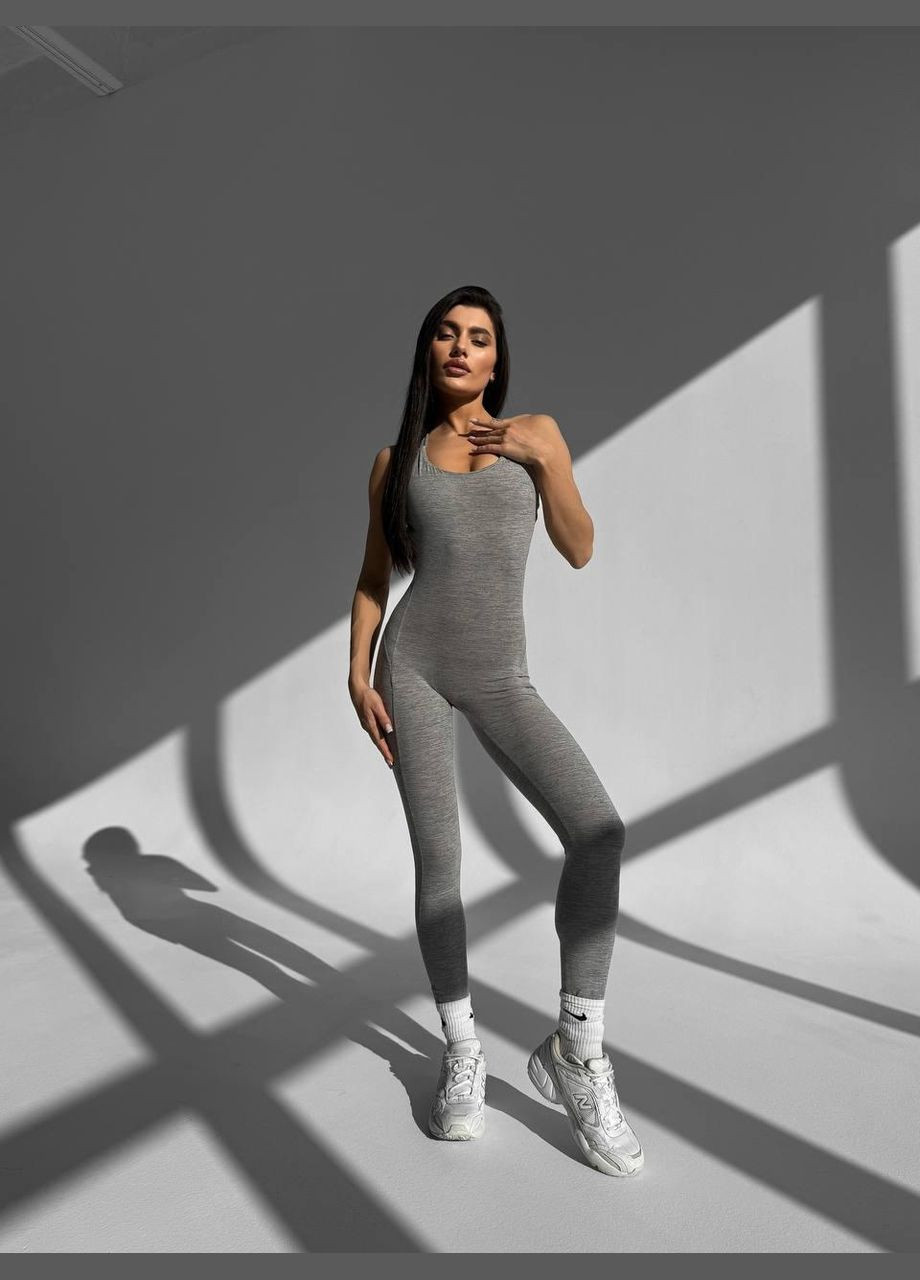 Спортивний комбінезон на тонких бретелях (довгий) з чашками та без пуш-ап, світло-сірого кольору, розмір S Trends комбінезон-брюки однотонний світло-сірий спортивний