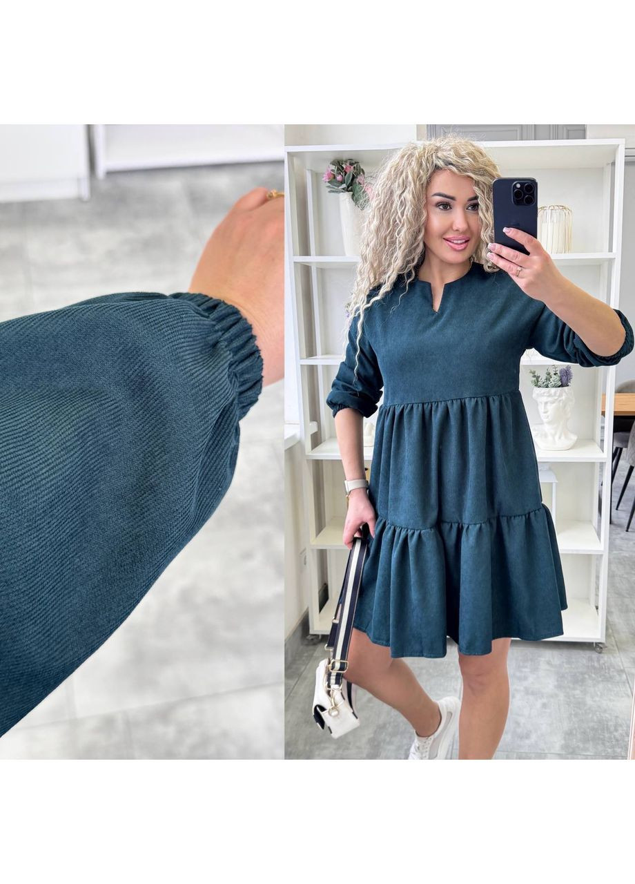 Бутылочное зеленое праздничный, повседневный женское платье из вельвета а-силуэт Avanti однотонное