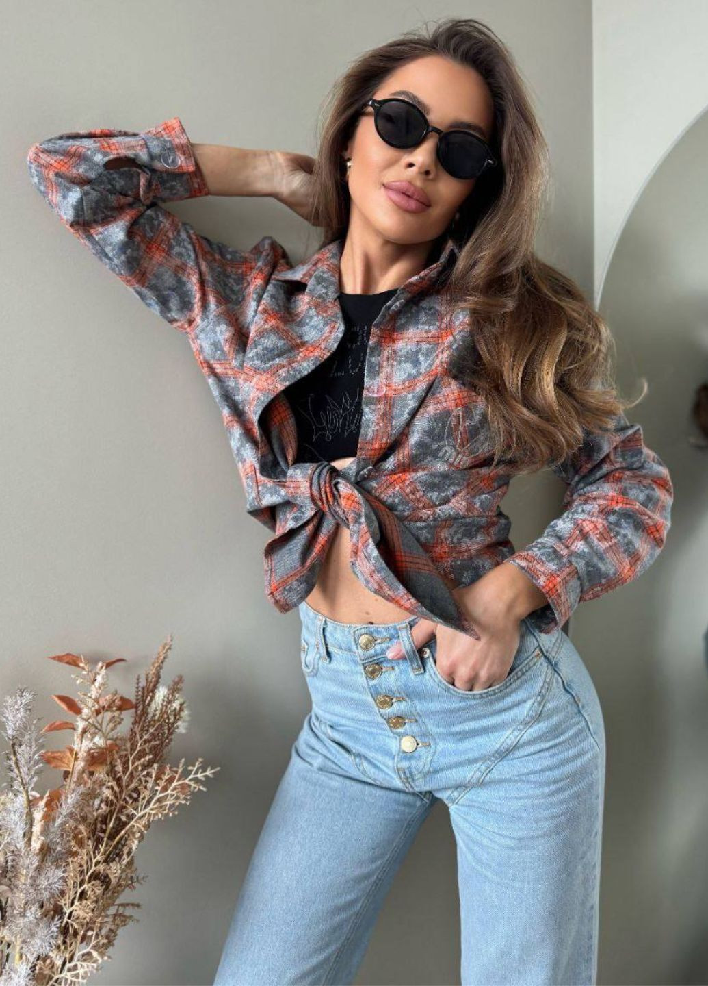 Оранжевая повседневный рубашка в клетку Україна с длинным рукавом