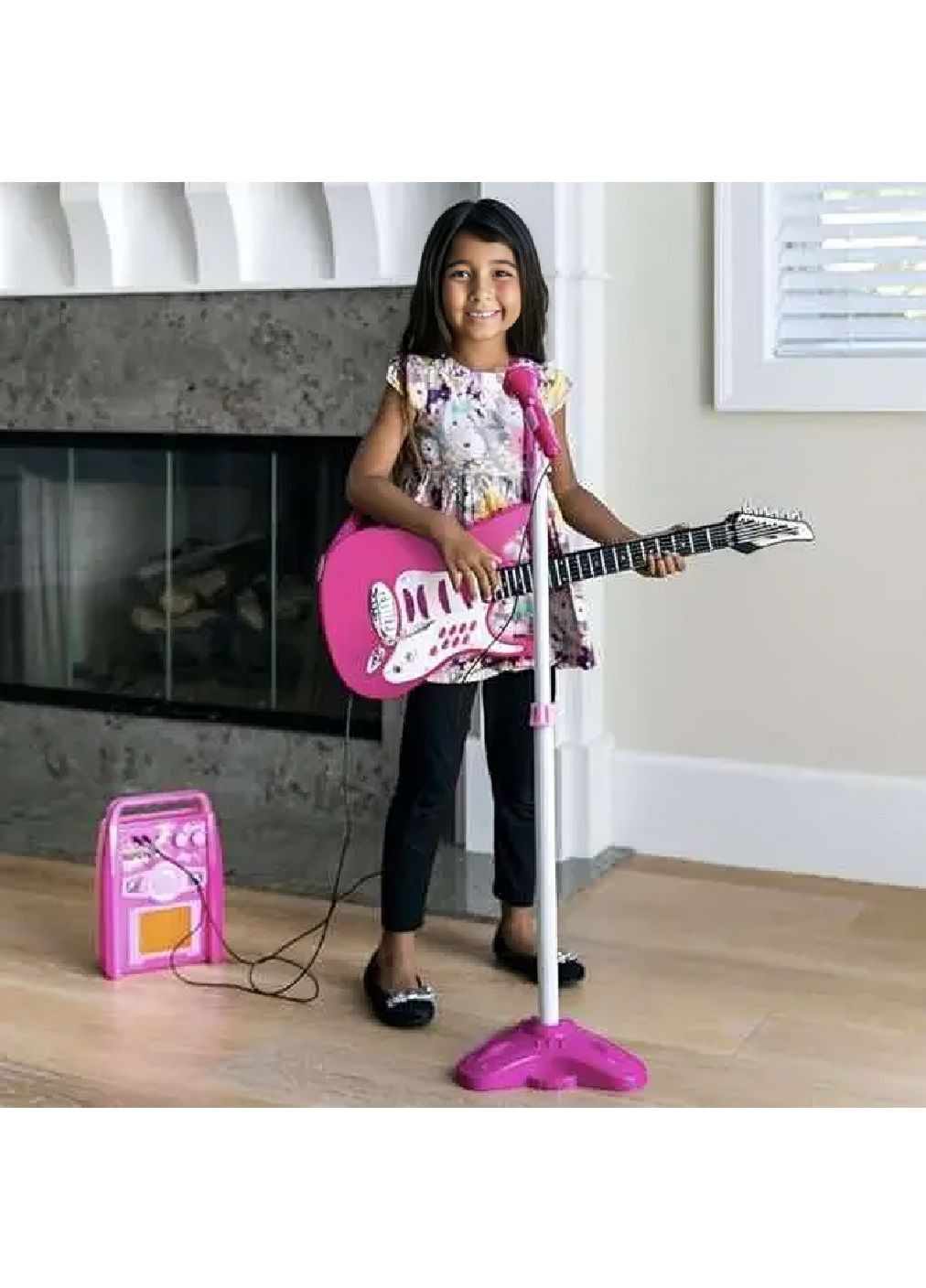 Дитячий набір електрогітара з мікрофоном підсилювачем MP3 входом миготливими вогнями роботою від батарейок (480351-Prob) Рожева Unbranded (334058369)