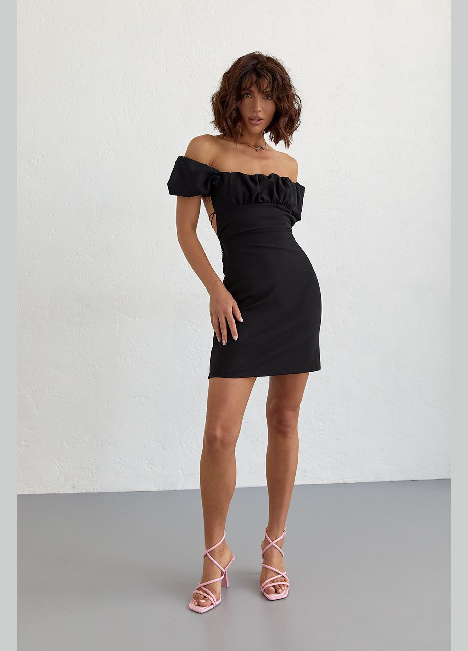 Черное вечернее короткое платье со шнуровкой на спине - белый цвет, l (sku_2461) No Brand однотонное