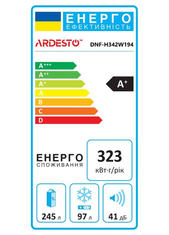 Холодильник DNF-H342W194 з нижн. мороз., 195x60х67, холод.відд.-245л, мороз.відд.-97л, 2дв., А+, NF, диспл зовн., зона св-ті, Ardesto (364275159)