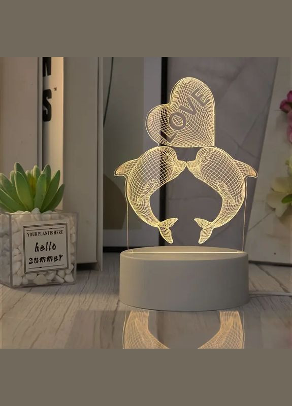 Настільний 3D LED нічник T2, White (дельфіни з серцем) VHG (334305190)