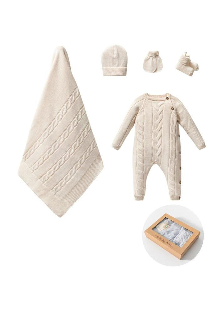 Молочный детский комплект (плед+комбинезон+аксессуары) на выписку 5 элементов 8356 р.50-62 молочный NipperLand