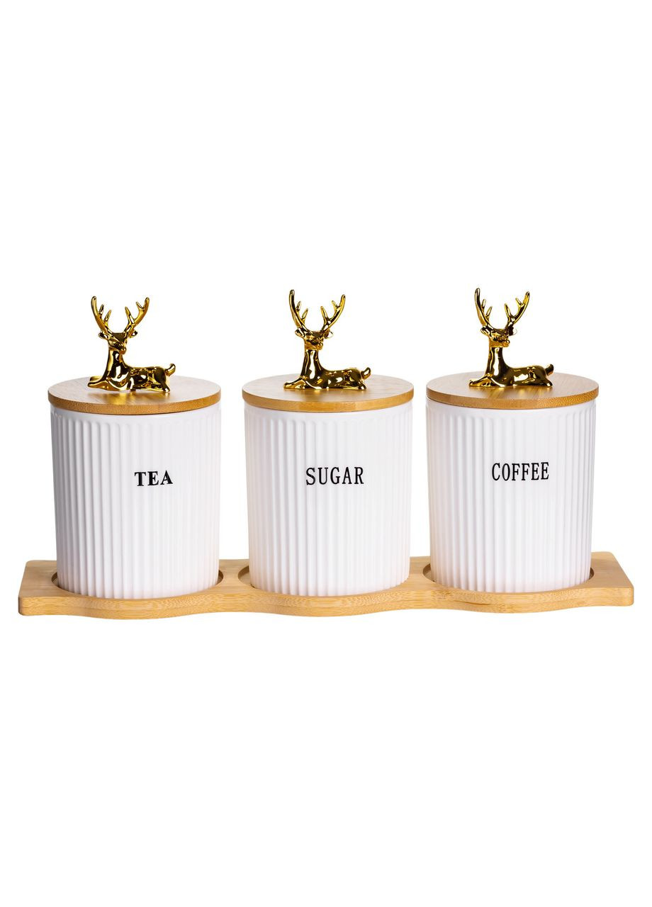 Набор фарфоровых банок для сыпучих продуктов 3 шт 400 мл для чая кофе сахара с подставкой контейнеры для хранения Yiwu (370432413)