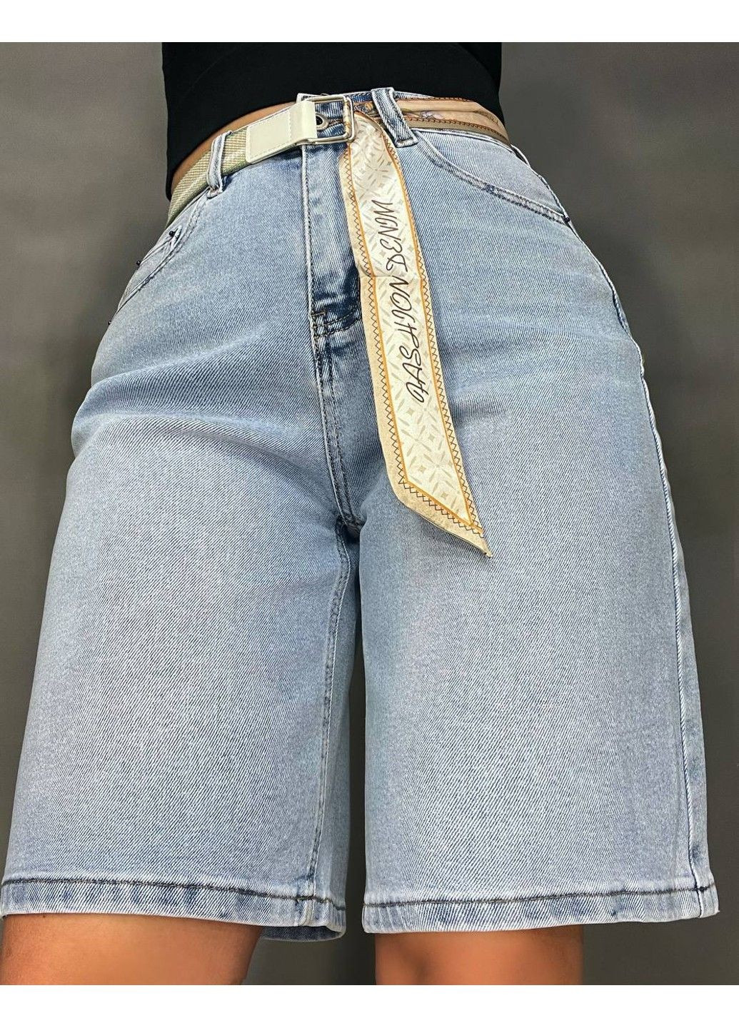 Шорты женские джинсовые 4059 бермуды удлинённые с поясом-платком голубые Vindasion (330120375)