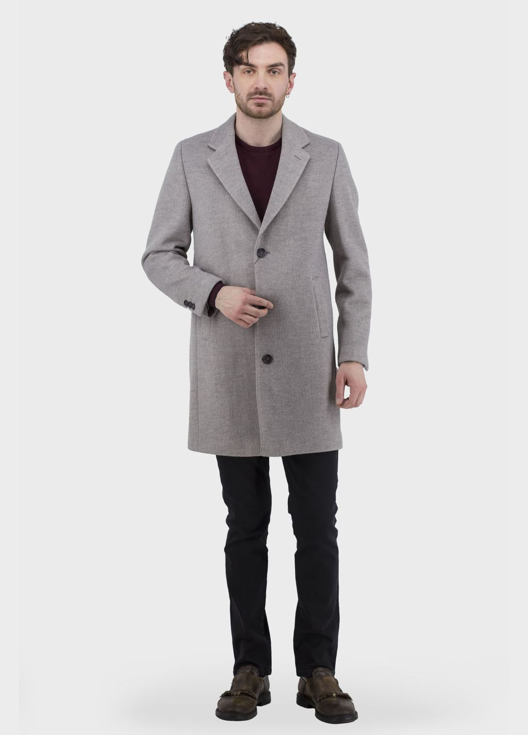 Светло-серое демисезонное Мужское среднее шерстяное пальто с вискозой, английский воротник, прямой крой, классический стиль Simoni (светлосерый, ), 47254 No Brand