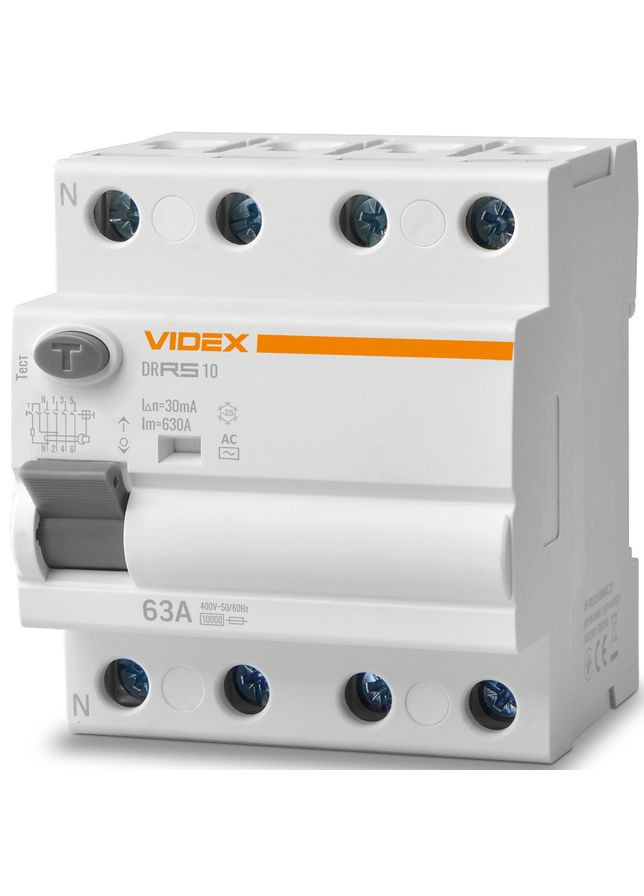Пристрій захисного відключення (ПЗВ) RESIST АС 4п 30мА 10кА 63А (VFRS10-DR4AC63) Videx (282312996)