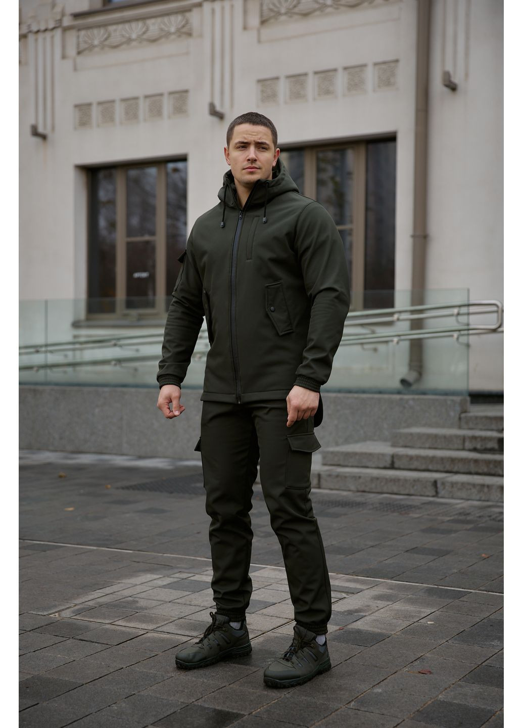 Оливковый (хаки) демисезонный стильный мужской костюм No Brand