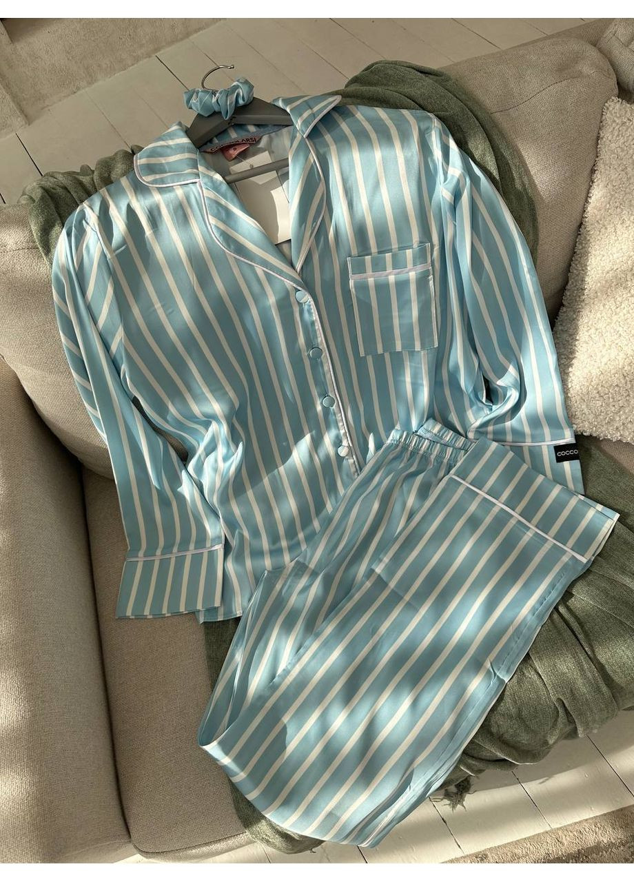 Голубая всесезон женская пижама | голубая полоска рубашка + брюки Vital-Textile 1263